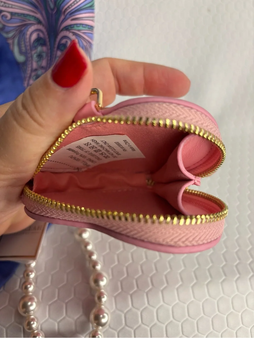Pink Heart Zipper Pouch Charm with Faux Pearl Wrist Strap NWT